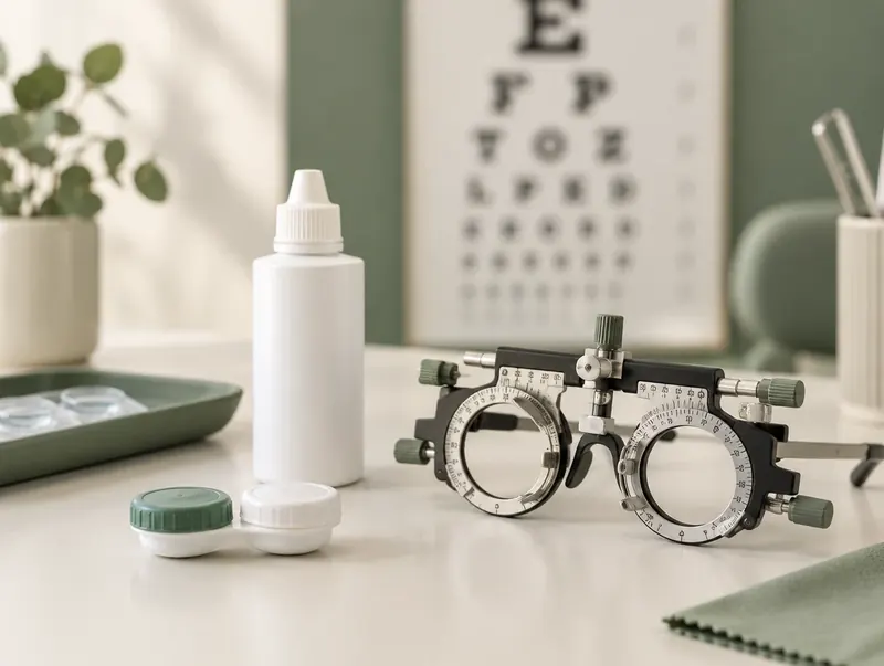 Augenoptik: Kontaktlinsenbehälter und Messbrille