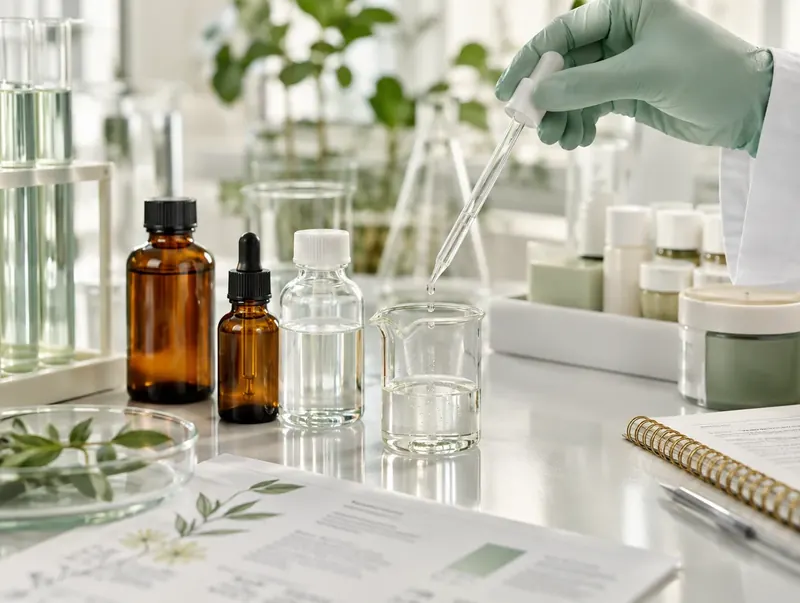 Kosmetiklabor: Pipette und Glasbecher mit Serum