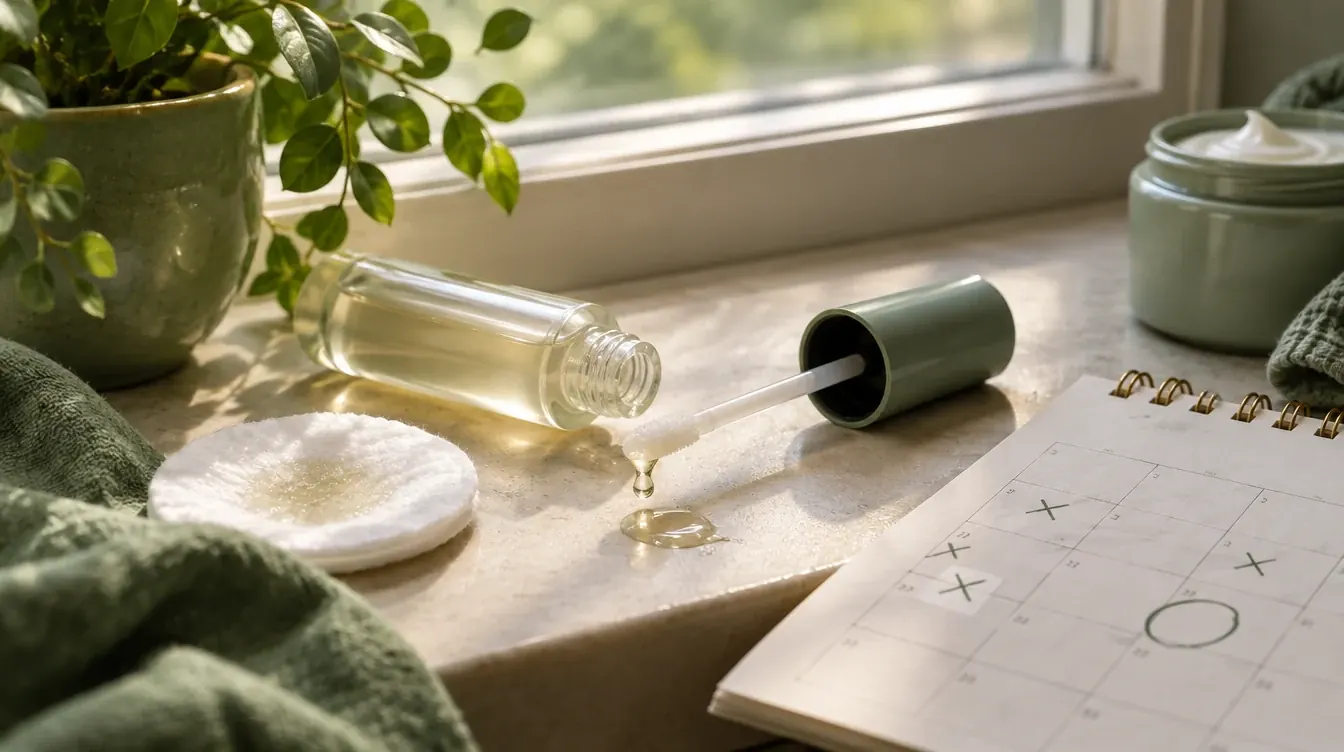 Offener Serum-Flakon auf sonnigem Fensterbrett neben Kalender und Wattepad