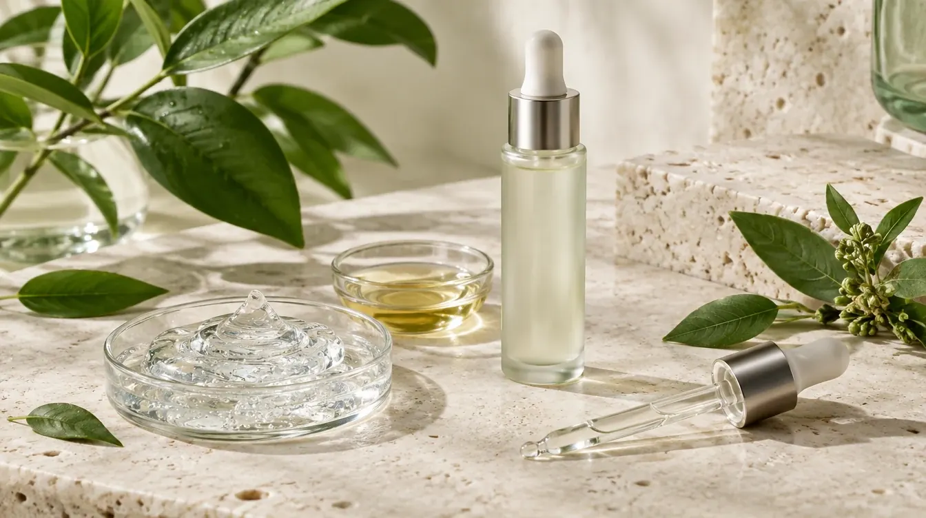 Glasschalen mit Gel, Öltropfen, Blättern und Pipette neben einem Serum-Flakon