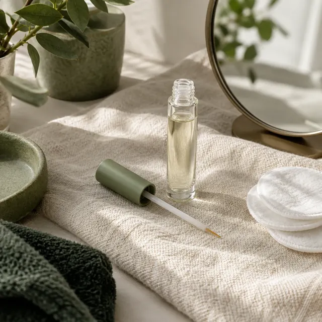 Wimpernserum mit feinem Applikator, Spiegel und Wattepads auf Leinen