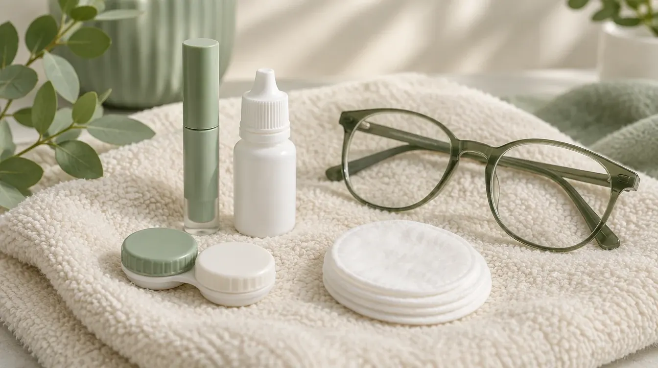 Kontaktlinsenbehälter, Augentropfen, Wimpernserum und Brille auf einem Handtuch